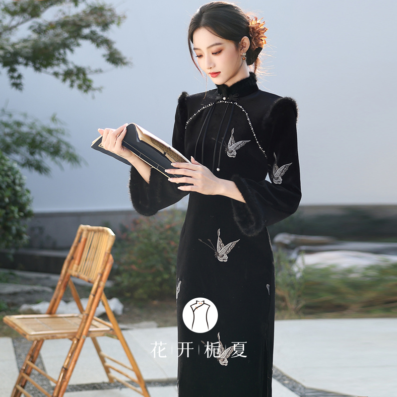 新中式复古黑色长款旗袍加绒加厚
