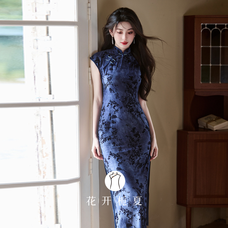新中式改良弹力修身蓝色旗袍