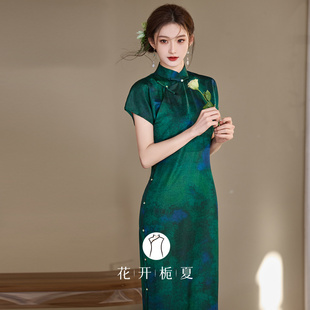 《青莺》绿色抓绉华尔缎旗袍无省修身平裁古法全开襟传统一片式13