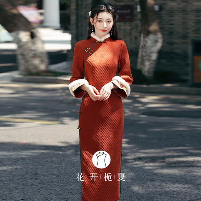 新中式加绒加厚南瓜色旗袍