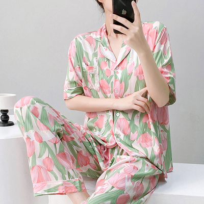 短袖睡衣女夏季棉绸薄款开衫家居服两件套装韩版宽松人造棉可外穿