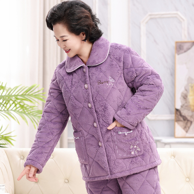 冬季睡衣女三层加厚珊瑚绒夹棉中老年人妈妈秋冬款加绒家居服套装