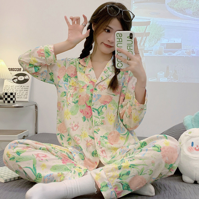 夏季棉绸睡衣女士长袖薄款套装人睡衣/家居服套装