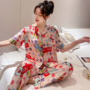 高档翻领透气吸汗人造棉家居服可外穿 棉绸睡衣女夏季 薄款 短袖 套装