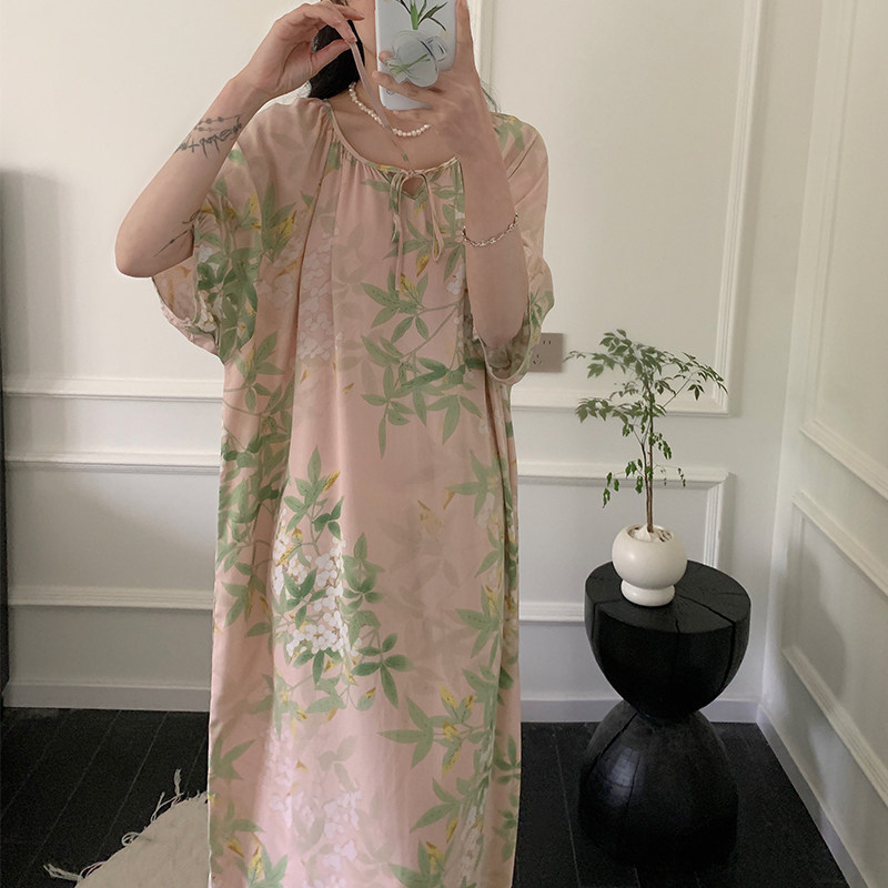新中式国风棉绸睡裙睡衣女春夏季新款高级感绵绸裙沙滩中长裙薄款
