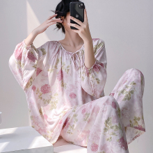睡衣女春秋季绵绸清冷感新国风家居服可外穿简约新中式棉绸套装薄