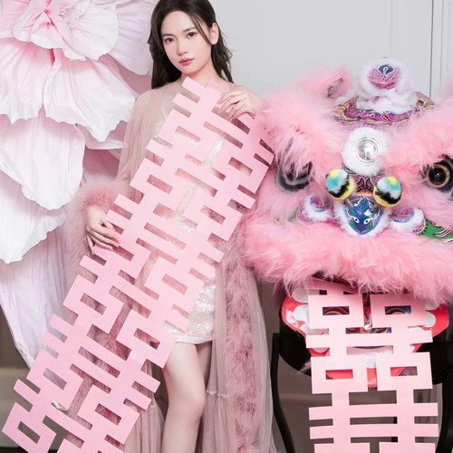 粉色长条喜字无纺布囍字婚房婚礼装饰布置晨袍订婚粉红色拍照道具