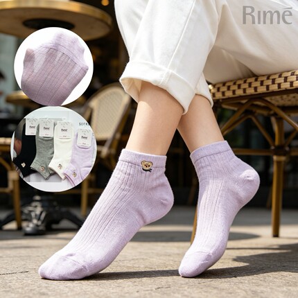 Rime韵魅桑蚕丝刺绣女船袜子春夏超薄防掉跟浅口小熊卡通抗菌透气