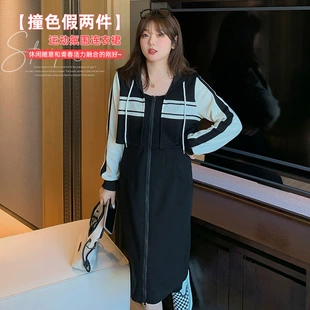 200斤胖mm撞色假两件休闲显瘦连衣裙春季 大码 2023新款 女装