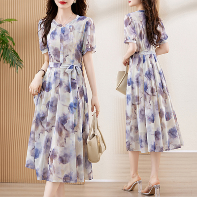 吾爱衣2421款印花连衣裙女2024夏季新款系带气质遮肉中长裙
