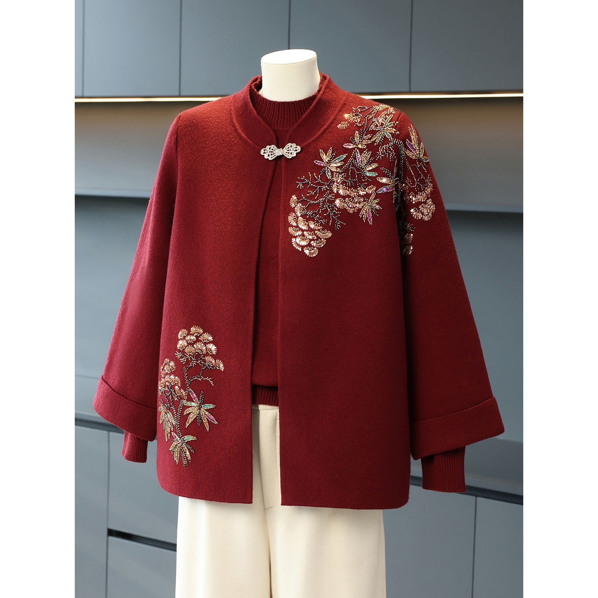 喜婆婆红色妈妈秋装开衫两件套装上衣新款中老年女装秋冬毛衣外套