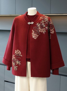 喜婆婆红色妈妈秋装开衫两件套装上衣新款中老年女装秋冬毛衣外套