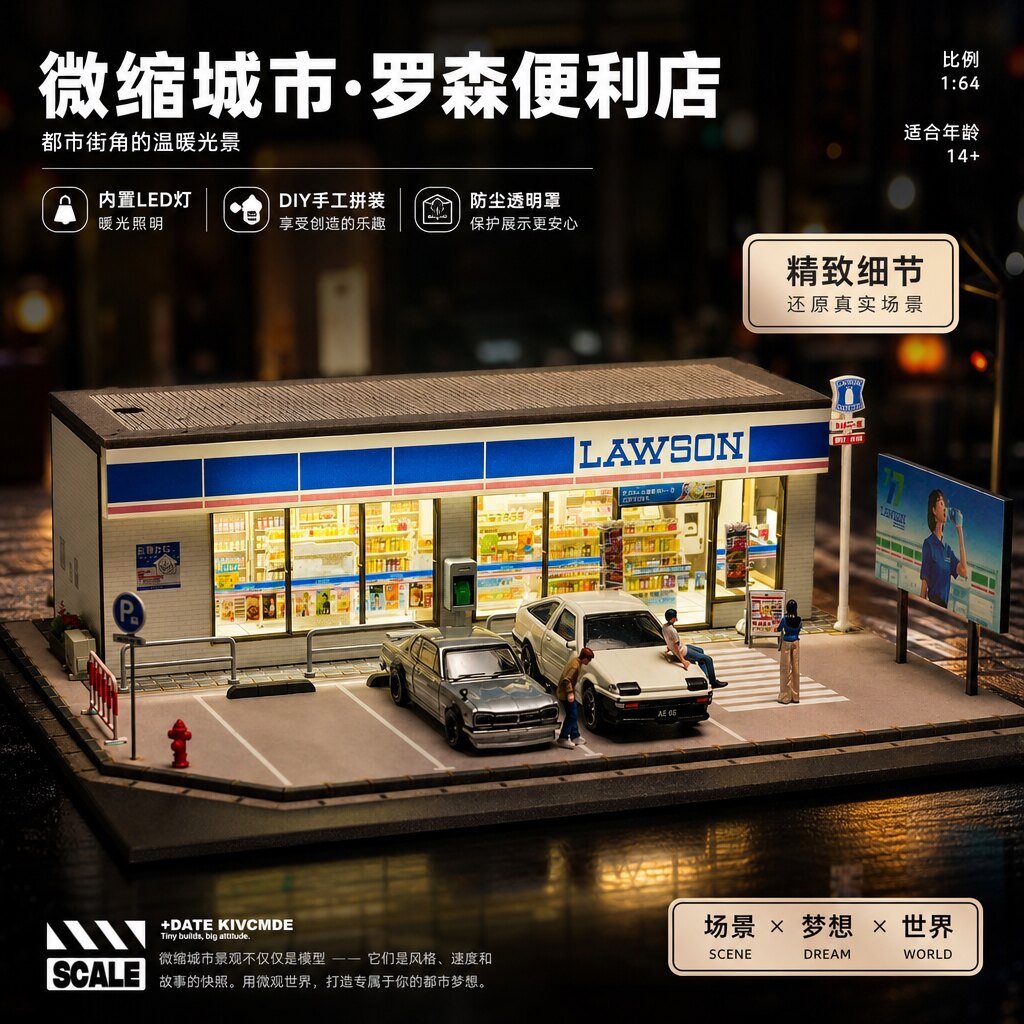 收藏家1:64罗森711微缩场景大号仿真合金汽车模型机车桌面收纳