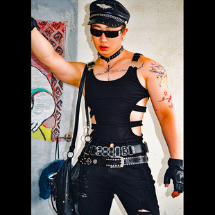 BUDDYBODY性感暗黑风捆绑带修身 弹力螺纹背带镂空针织背心