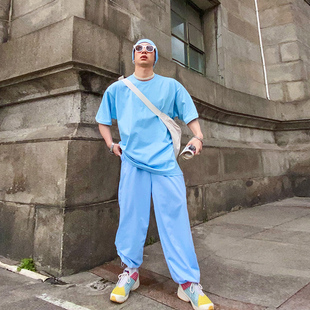 套装 BUDDYBODY街头美式 上衣纯棉宽松运动长裤 t恤大码 休闲圆领短袖