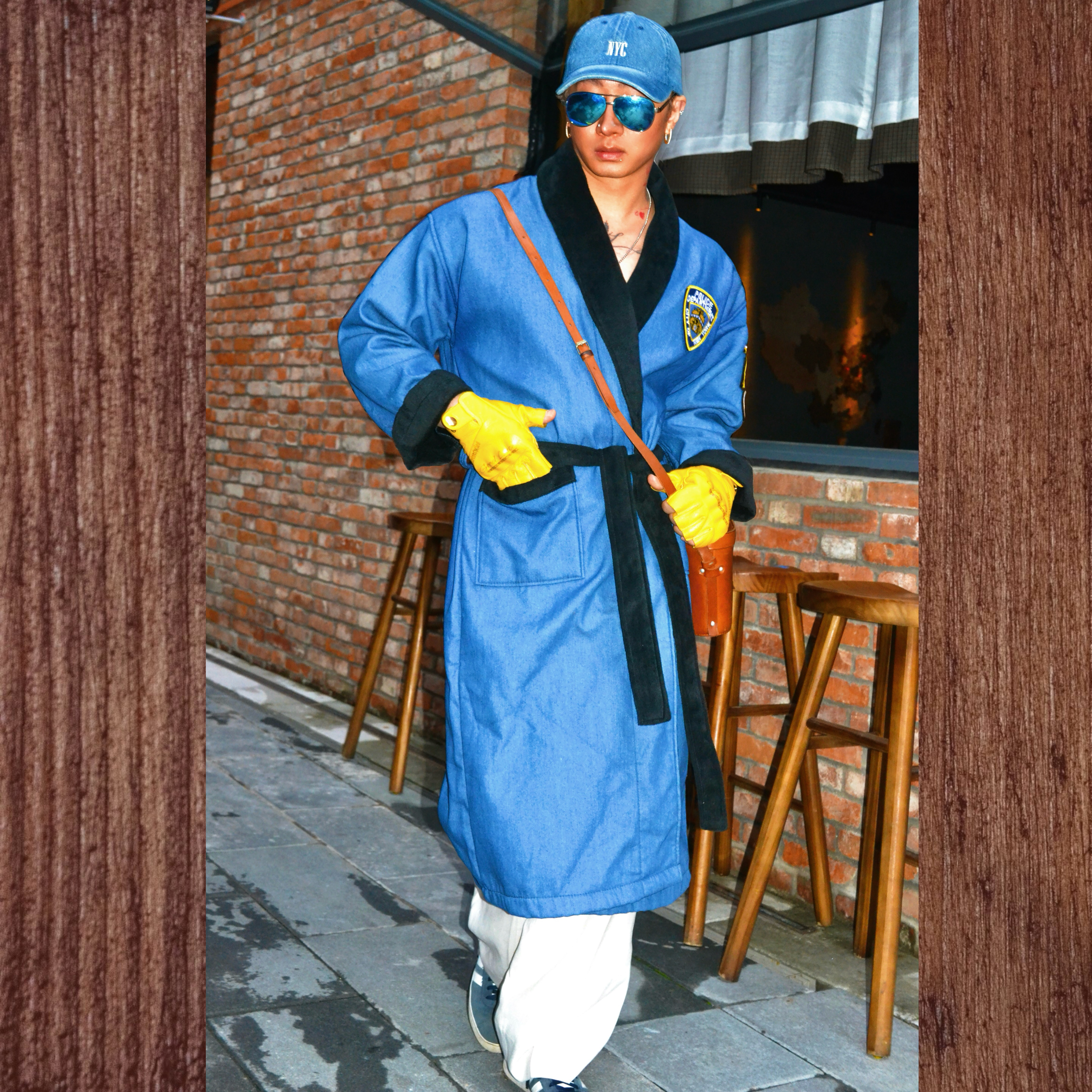 潮流贴布牛仔布系带睡袍文艺街头