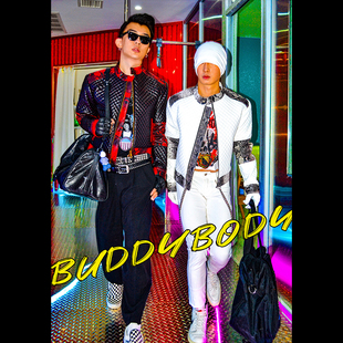 BUDDYBODY摇滚暗黑秋冬潮流高街菱形格蛇纹皮衣外套机车服夹克