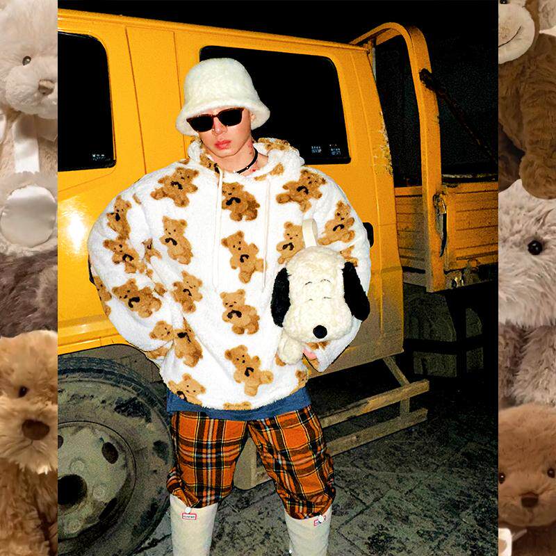 BUDDYBODY可爱趣味宽松大码个性小熊印花法兰绒连帽卡通美式卫衣
