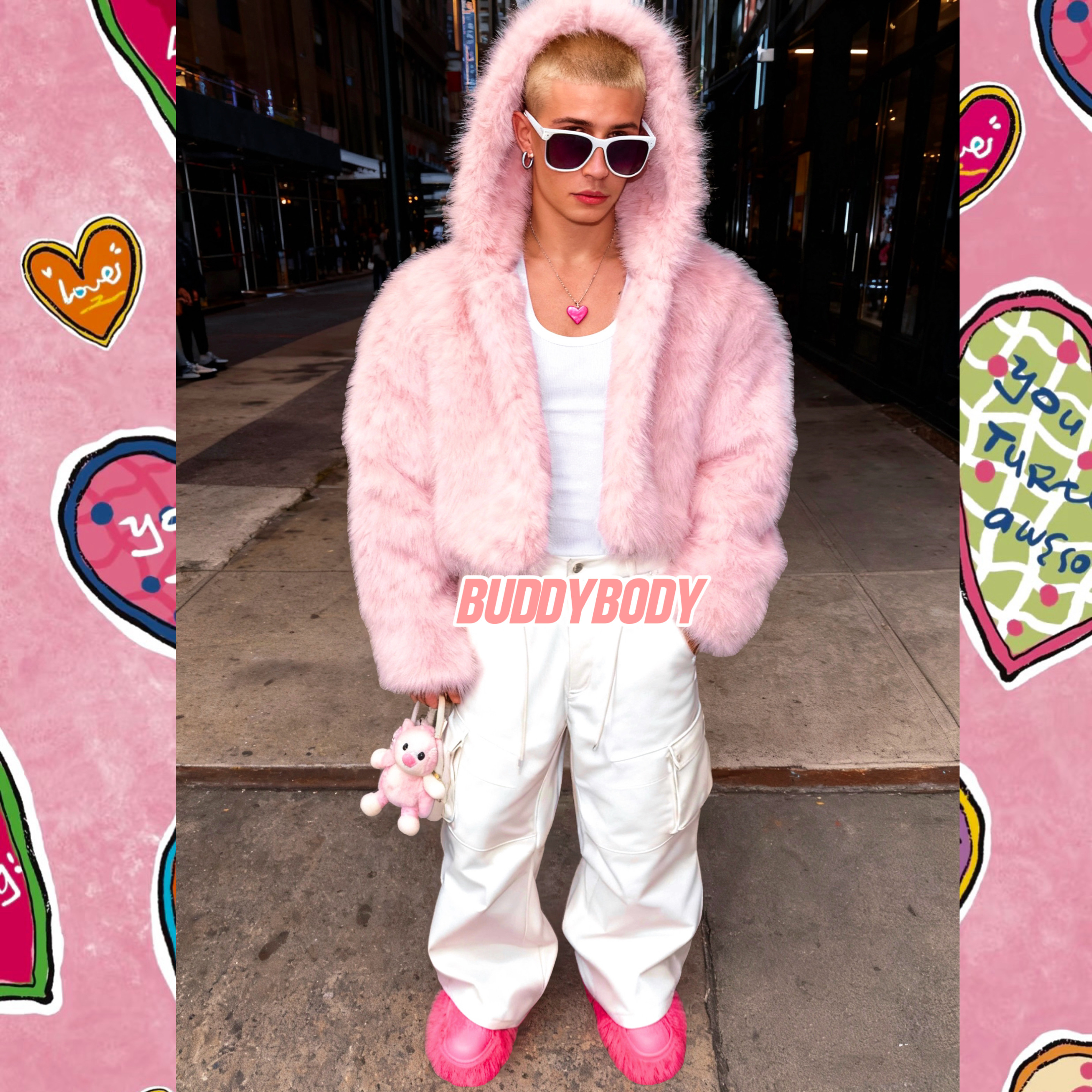 粉色仿狐狸毛连帽皮草外套