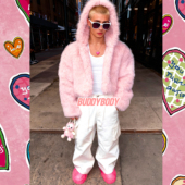 BUDDYBODY美式 连帽毛毛外套 嘻哈宽松仿狐狸毛环保皮草粉色短款