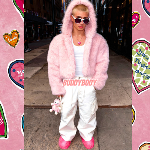 粉色仿狐狸毛连帽皮草外套