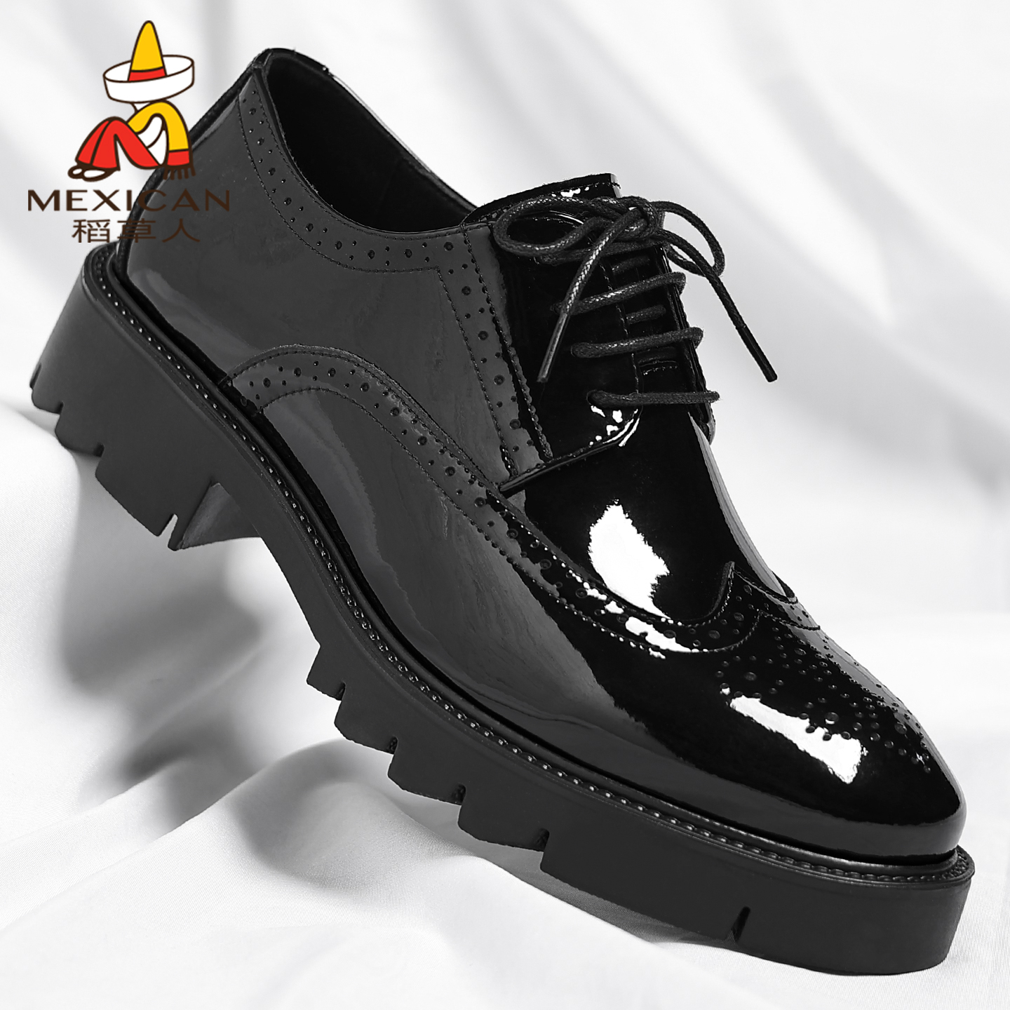 稻草人皮鞋透气漆皮正装真皮增高