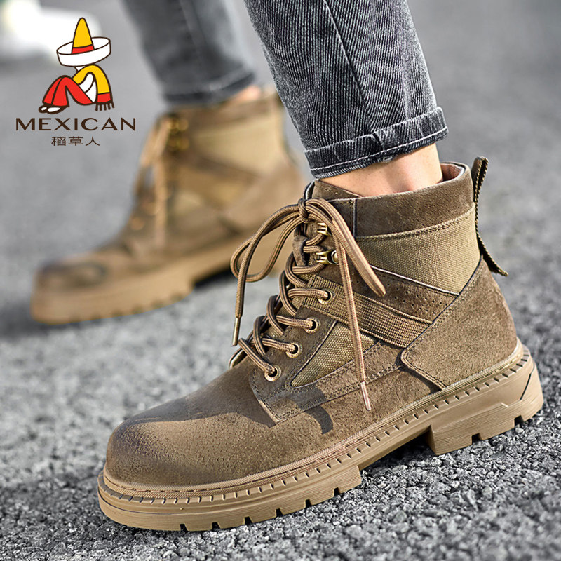 稻草人马丁靴男新款春季高帮英伦风真皮百搭潮流户外工装鞋子男靴