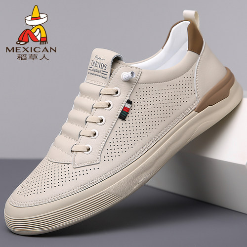 稻草人男鞋春季透气真皮休闲皮鞋镂空小白鞋新款洞洞凉鞋男士板鞋