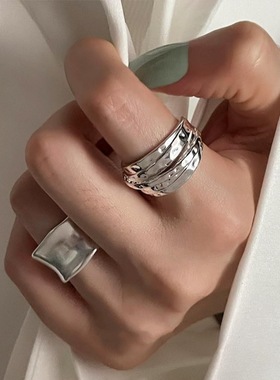 时尚宽边几何线条缠绕戒指女个性创意气质镀S925银开口指环食指戒
