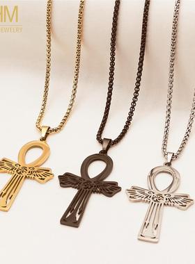 BUGIEL项链欧美荷鲁斯之眼十字配饰毛衣链埃及安卡不锈钢十字架吊