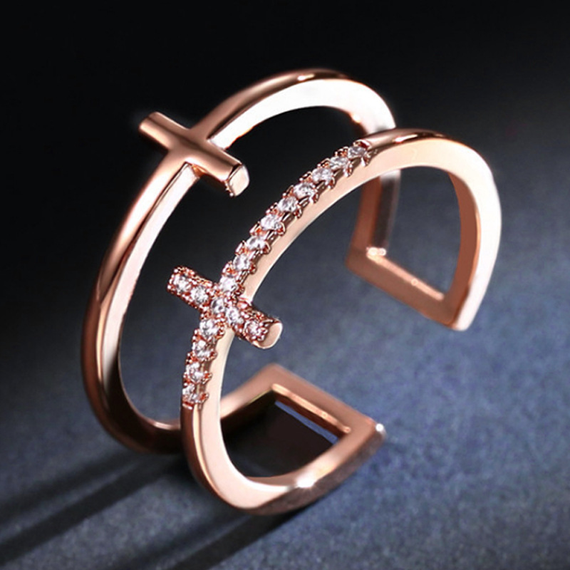 韩版镀银双层十字架开口戒指女玫瑰金镶钻食指指环潮人学生首饰