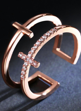 韩版镀银双层十字架开口戒