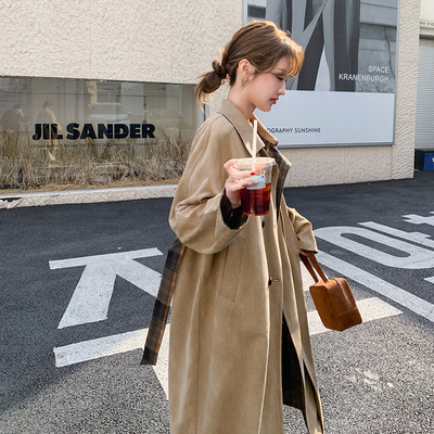 鹿皮绒正反两穿格子长款大衣女款