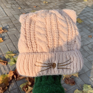 软绵绵 可爱猫咪耳朵加绒加厚保暖针织帽子女冬季 百搭学生毛线帽