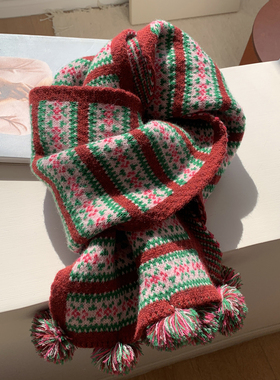 可爱球球日系文艺秋冬季2025新款彩色提花毛线针织保暖女围巾