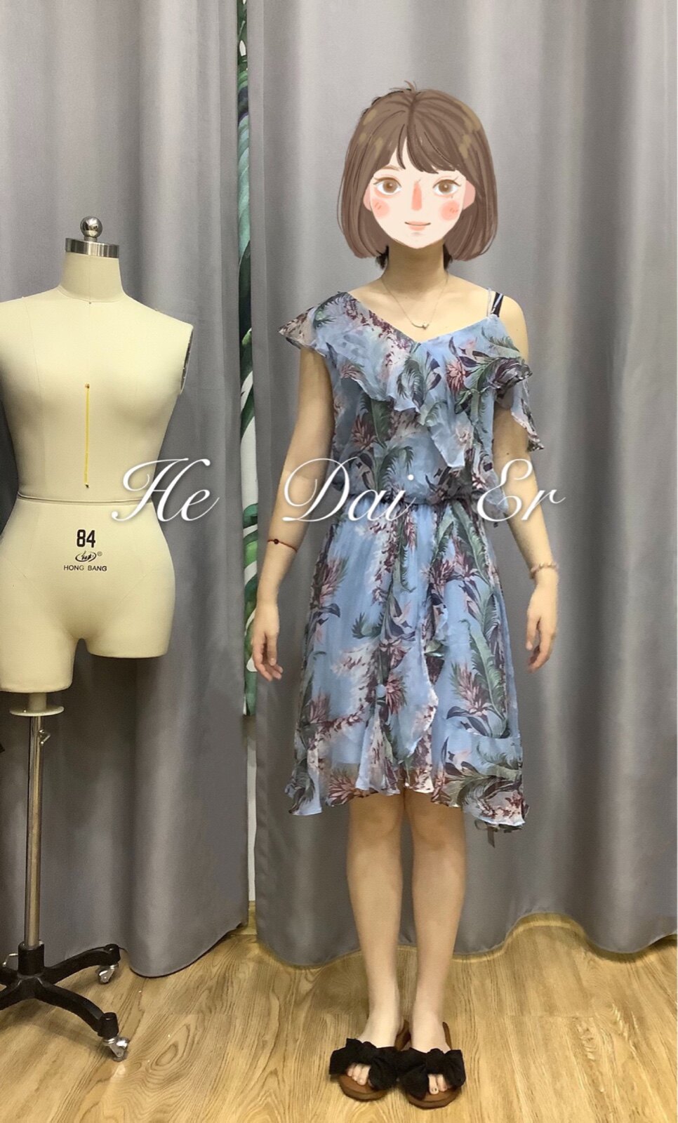 2023夏装新款真丝印花连衣裙度假风不规则短款吊带连衣裙桑蚕丝裙