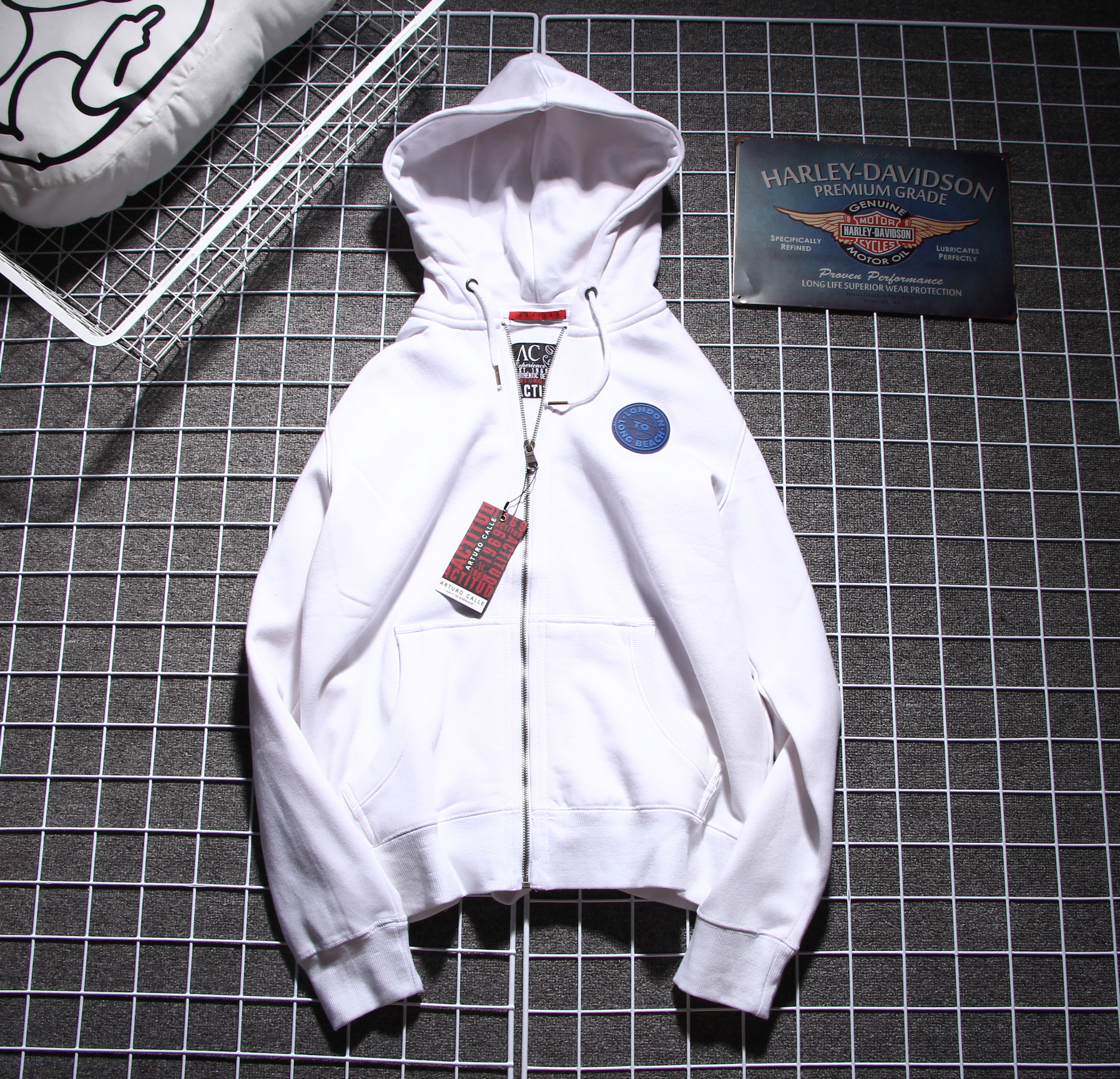 日系加绒保暖拉链卫衣男大码宽松纯色潮运动休闲帽衫纯白外套