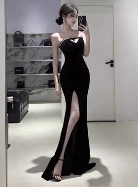 性感丝绒抹胸露背连衣裙气质名媛修身显瘦开叉礼服