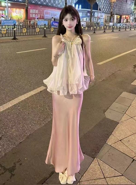 网红同款花朵珍珠挂脖雪纺衫小众上衣+高腰显瘦半身裙两件套