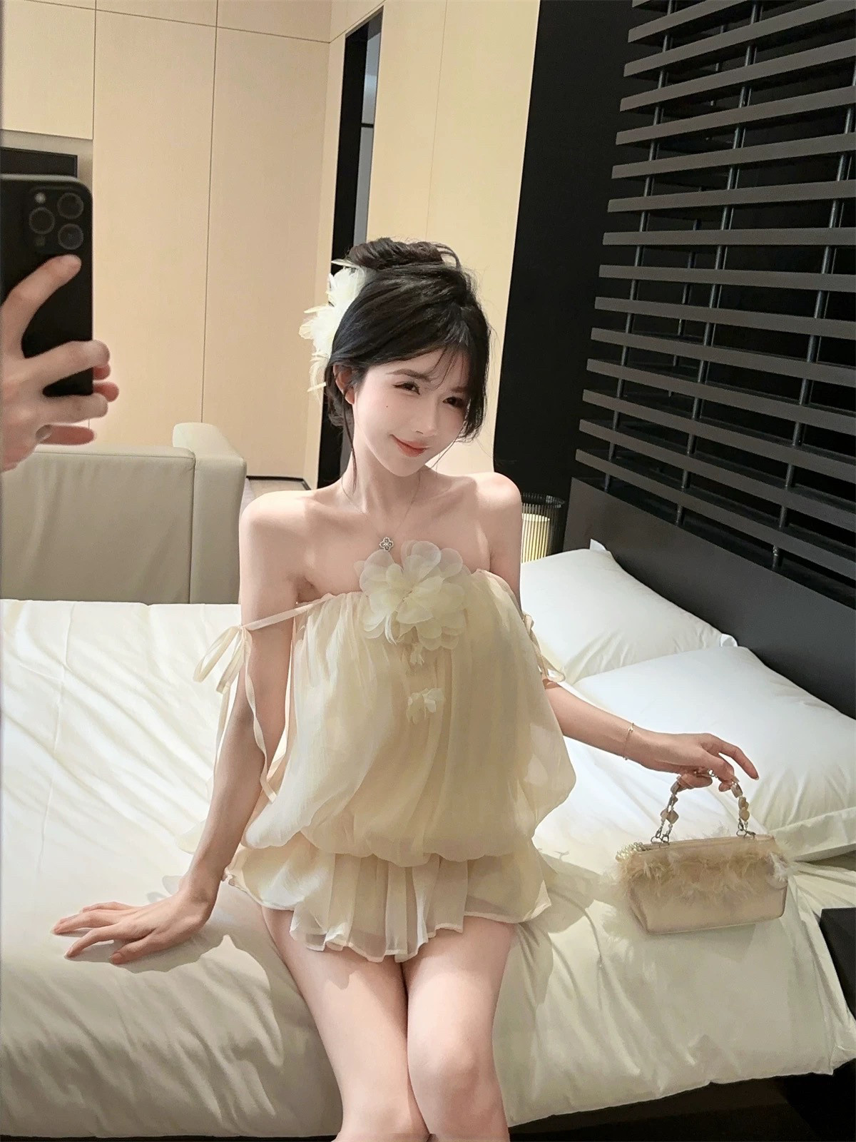 超仙雪纺花苞吊带背心女夏季纯欲性感一字肩抹胸连衣裙