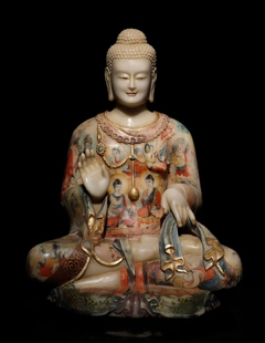 北魏 汉白玉彩绘 佛像 工艺精美 法相庄严 高68cm 宽45cm 厚38cm
