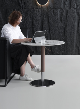 北欧现代岩板可升降小圆桌可变茶几客厅阳台咖啡厅办公桌子电脑桌