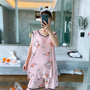 莫代尔无袖背心大码睡衣女夏季薄款卡通短袖短裤胖mm200斤家居服