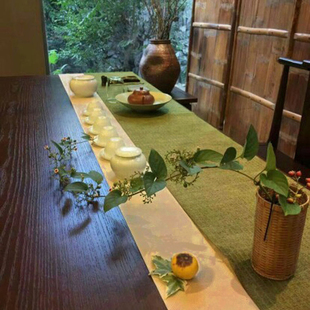 可定制棉麻布茶席茶垫 桌旗布麻 禅意茶桌布茶盘垫 竹席竹帘茶垫