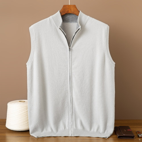 男士拉链马甲无袖针织衫100山羊绒休闲半高领开衫商务背心春秋24