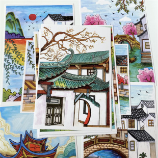 新款创意马克笔儿童画国风风景建筑国潮临摹绘画室小学背面带线稿