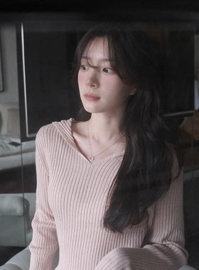 特价 韩国代购 slowand 竖纹V领针织衫 锁骨翻领修身显瘦针织线衫