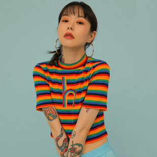 清仓 highschool彩虹条纹短袖 韩国代购 李娜恩同款 T恤 李孝利 特价