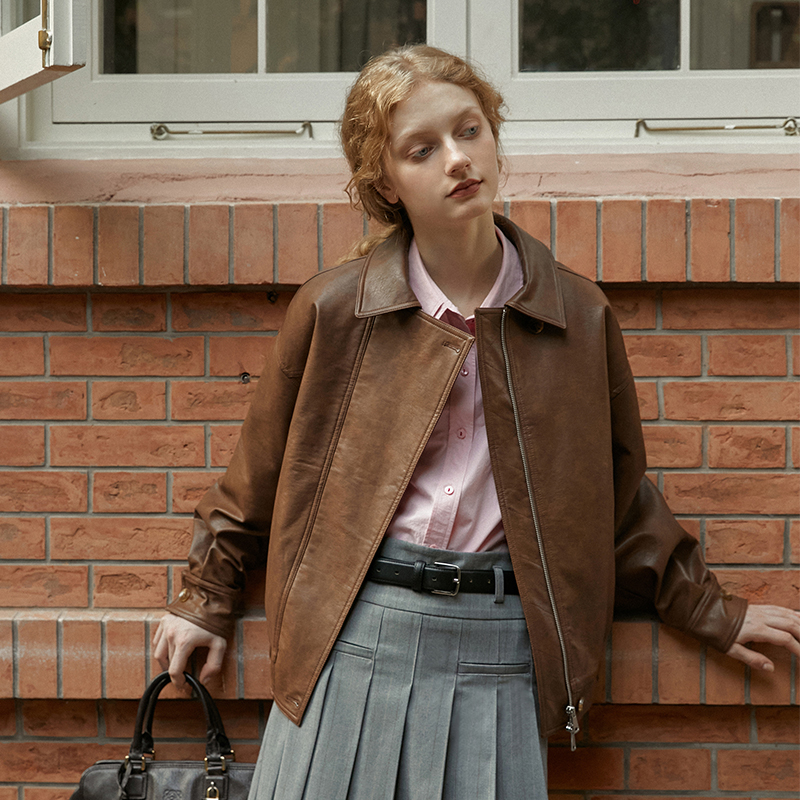 LLANO宽松复古拼接深棕皮衣