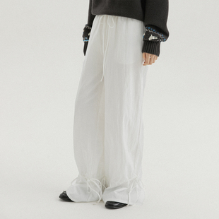 子女装 拖地裤 秋冬 复古慵懒抽绳绑带直筒裤 LLANO天丝脚口花边长裤